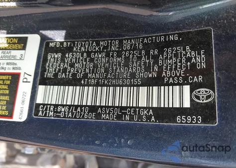 2017 Toyota Camry Xle z USA, uszkodzony, nr VIN 4T1BF1FK2HU630155